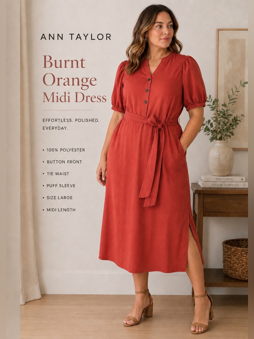 Ann Taylor Burnt Orange Midi Dress with Tie Waist Sz Large NWT